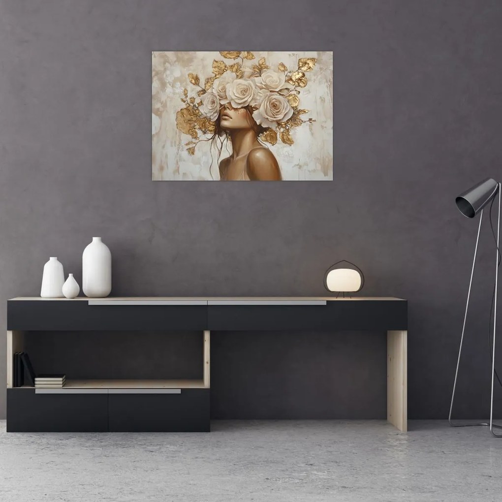 Tablou pe sticlă - Fată cu Trandafiri (70x50 cm)