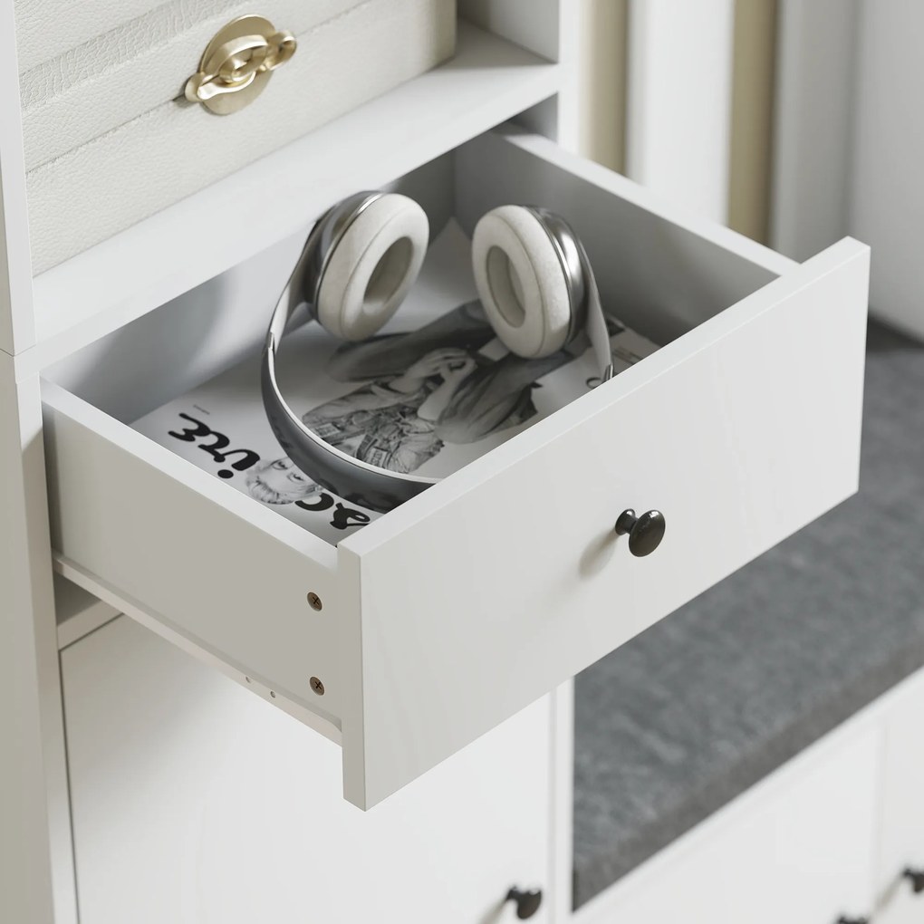 HOMCOM Dulap pentru hol 180 cm cu suport pentru haine, bancă pentru încălțăminte, 4 cârlige, polițe deschise, MDF, Alb | Aosom Romania