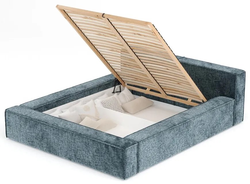 Pat matrimonial albastru prăfuit tapițat cu spațiu de depozitare cu somieră 200x200 cm Voliera – Maison de Rêve