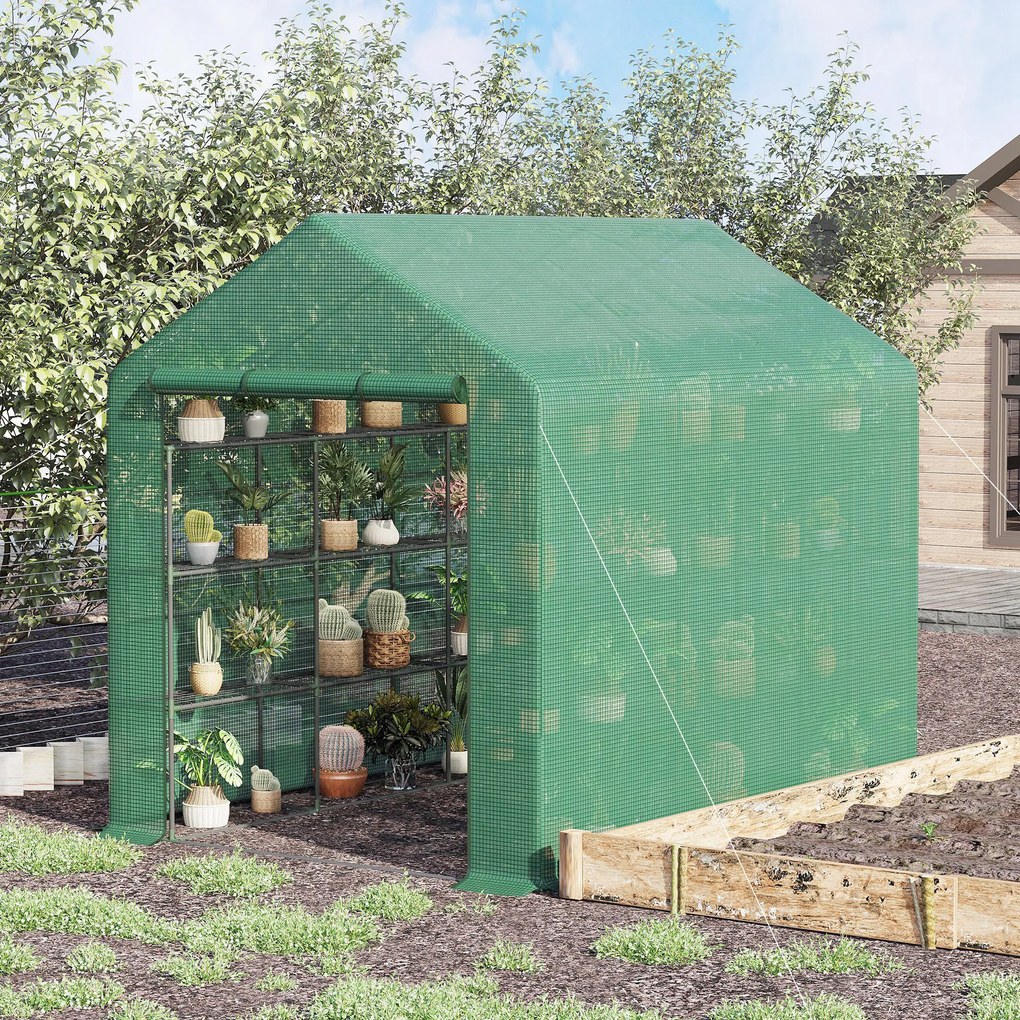 Outsunny Solar de grădină cu rafturi, husă PE rezistentă UV, ușă rulantă cu fermoar, cadru oțel, 190x120x190 cm, verde | Aosom Romania