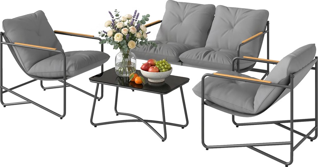 Outsunny Set grădină 4 locuri cu perne groase, salon metalic, gri deschis | Aosom Romania