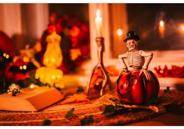 Decorațiune LED HALLOWEEN Retlux LED/2xLR44/alb cald, schelet în dovleac, rășină