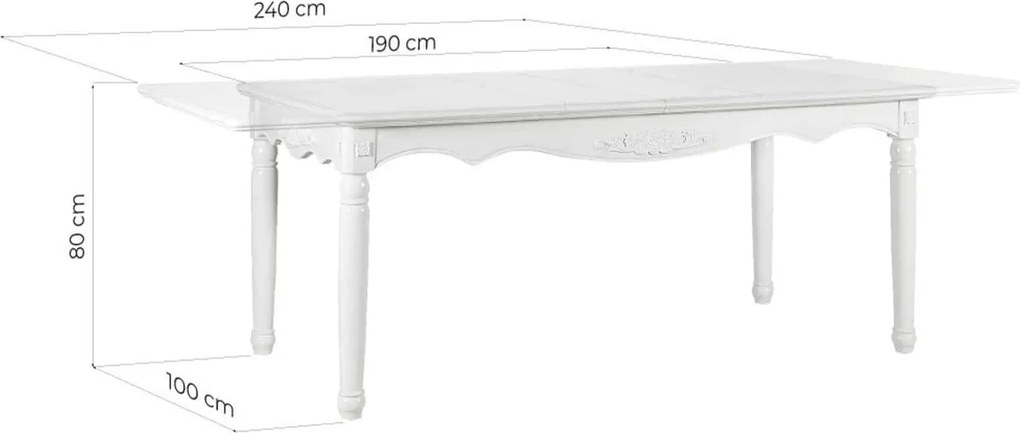 Masă lemn masiv alb dining extensibilă Elizabeth 190/, 240 × 100 × 80 cm