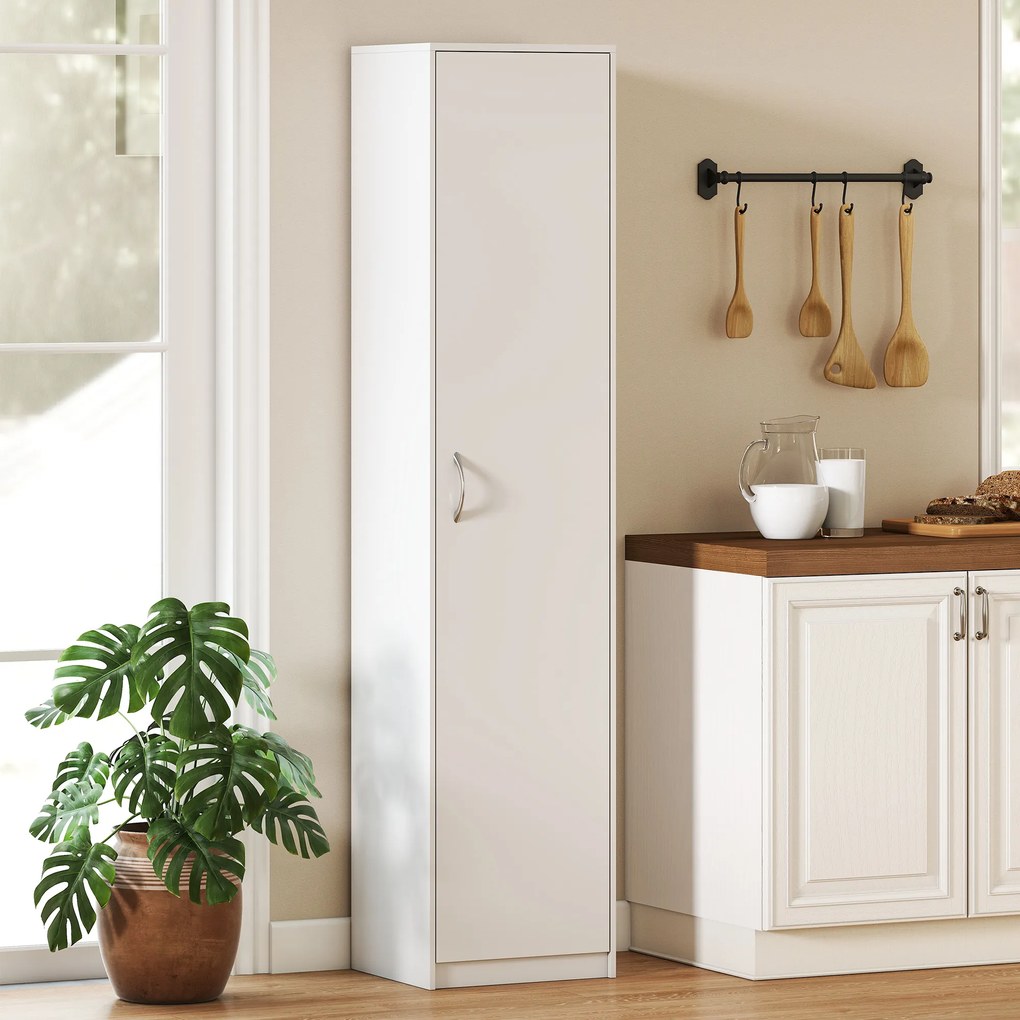 HOMCOM Dulap de Bucătărie Înalt Slim 180 cm, Mobilier cu 5 Rafturi și Ușă Soft Close, Anti-Răsturnare, Rafturi Reglabile, Mobilier Modern pentru Bucătărie, Alb | Aosom Romania