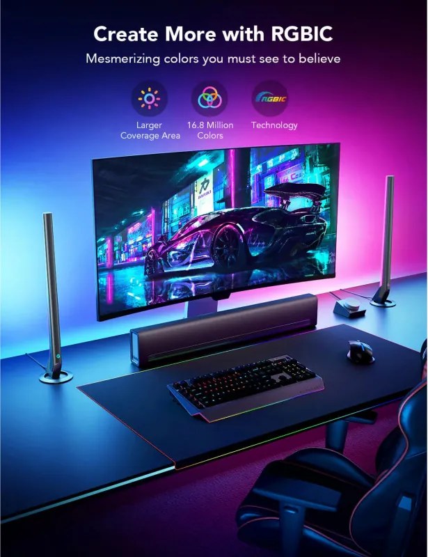 Set 2 Smart LED lampi gamer Govee RGBIC H6047, 24 W, Segmente de culoare adresabile, Wi-Fi, Bluetooth, Govee Home, Negru