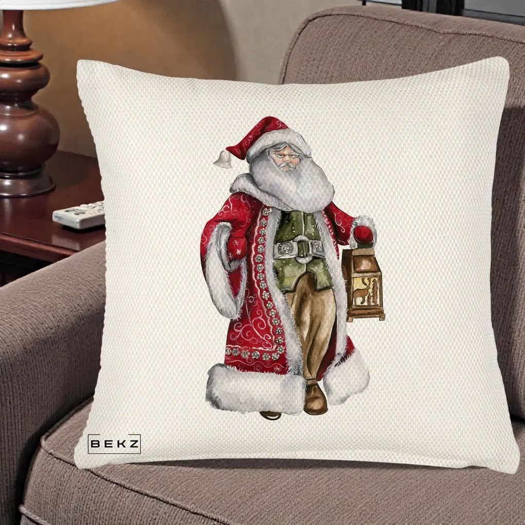 Perna decorativa de Craciun: Mos Craciun Vintage cu Felinar, 45x45 cm cu Umplutura, Crem Reliefat, BEKZ