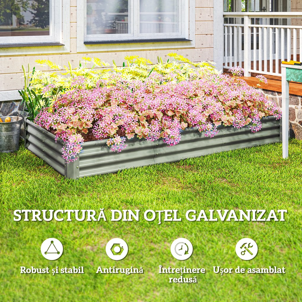Outsunny Pat de Grădină Înălțat din Oțel Galvanizat, 240 x 120 x 30 cm, Jardinieră Înălțată pentru Exterior cu Fund Deschis pentru Legume, Flori, Plante Aromatice, Argintiu | Aosom Romania