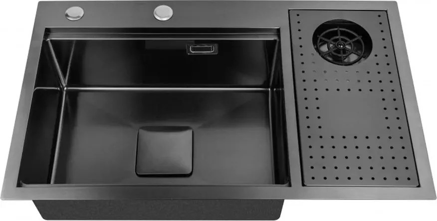 Chiuveta inox Inter Ceramic cu o cuva cu picurator dreapta finisaj negru satinat 75x45 cm si accesoriu pentru spalat pahare