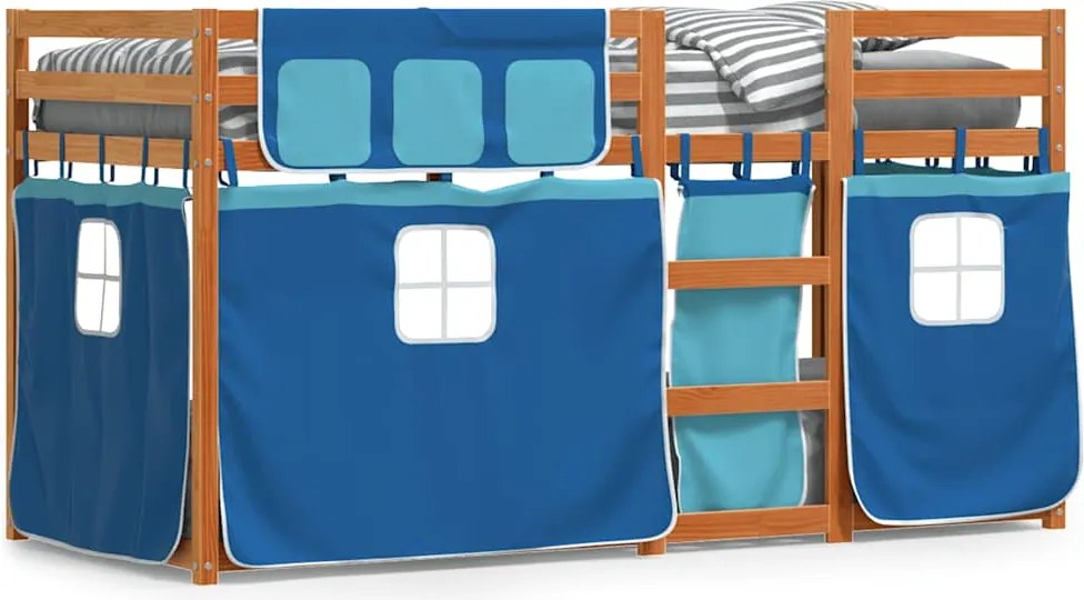 vidaXL Pat supraetajat cu perdele, albastru, 90x200 cm, lemn masiv pin