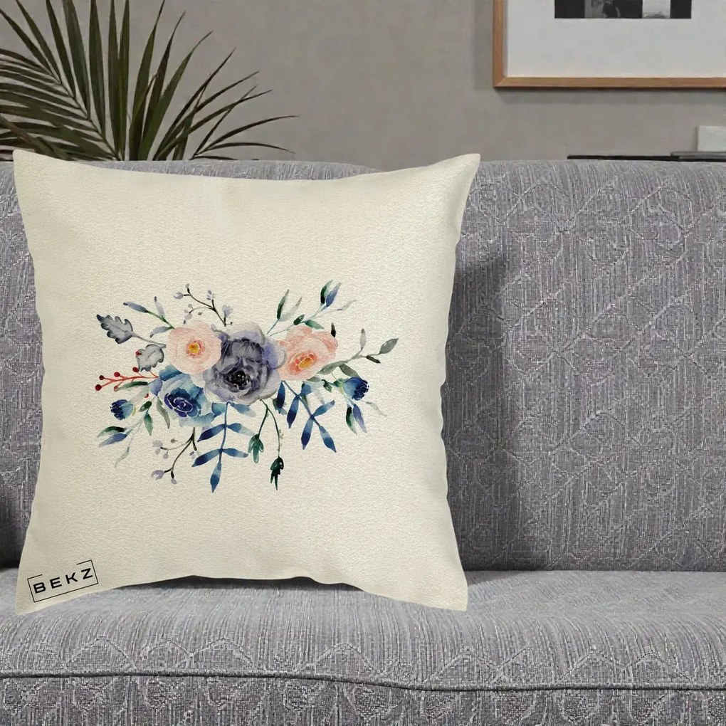 Perna Decorativa Buchet Flori Albastre Acuarela, 40x40 cm, Ecru, Husa Detasabila, Perna Inclusa, BEKZ®