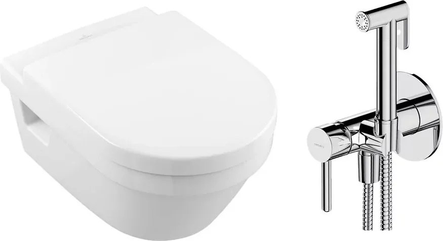 Pachet vas wc suspendat Villeroy&Boch Architectura, capac softclose si set dus igiena intima crom cu baterie incastrata Omnires Y