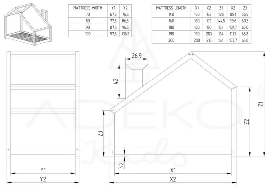Cadru pat din lemn de pin, în formă de căsuță Adeko Mila DMS, 120 x 200 cm