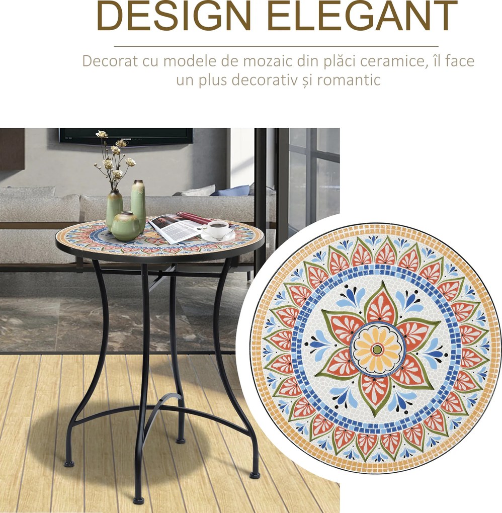 Outsunny Masa Rotunda Stil Bistro de 60 cm cu Mozaic pentru Gradina, Veranda, Exterior, Balcon, Gri | Aosom Romania