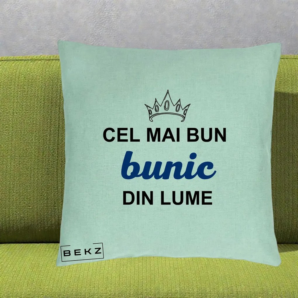 Cadou pentru Bunic - Perna Personalizata Cel Mai Bun Bunic Din Lume Coroana Albastra, 40x40 cm, Verde Menta, Husa Detasabila, Perna Inclusa, BEKZ®