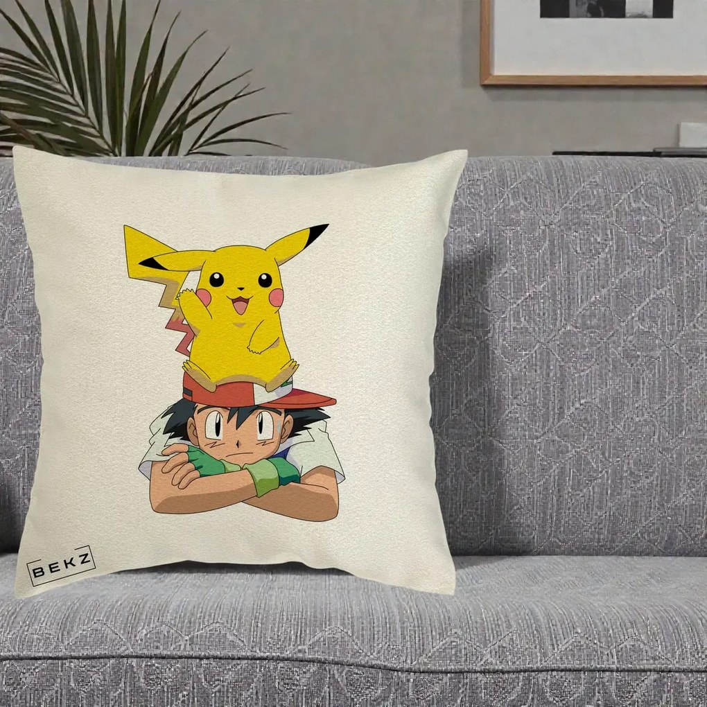 Perna Personalizata Ash si Pikachu, 40x40 cm, Ecru, Husa Detasabila, Perna Inclusa, BEKZ®