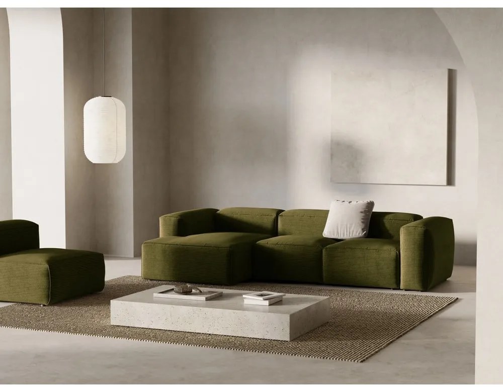 Colțar verde cu tapițerie din catifea reiată (cu colț pe partea stângă/cu șezlong) Bergamo – Cosmopolitan Design