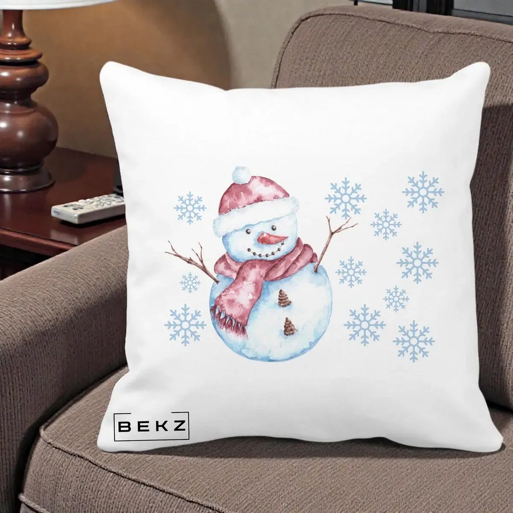 Perna Decorativa Om de Zapada Rosu cu Fulgi, 40x40 cm, Alba Mata, Husa Detasabila, Perna Inclusa, BEKZ®