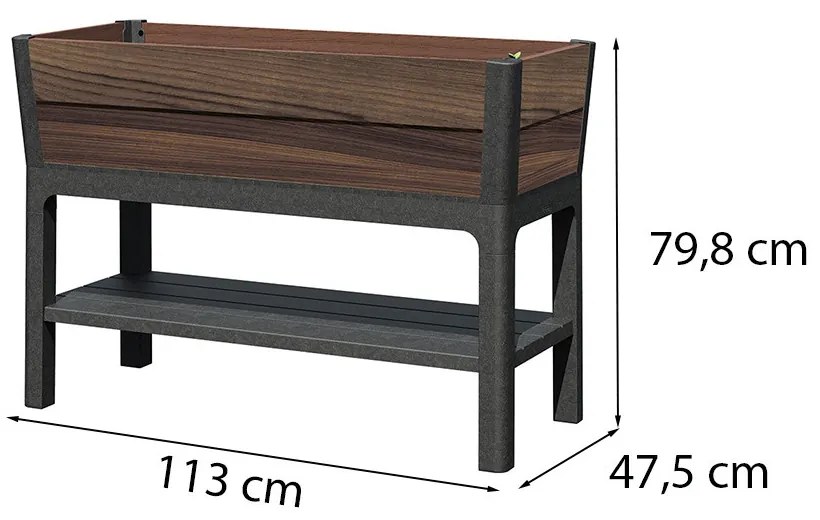 Cutie decorativă de grădină din plastic, cu raft inferior, 110 l, lemn de nuc