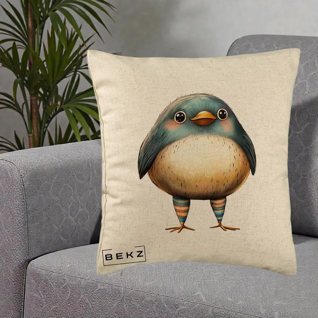 Perna Decorativa Pasare Teal-Bej cu Sosete Curcubeu, 40x40 cm, Bej, Husa Detasabila, Perna Inclusa, BEKZ®