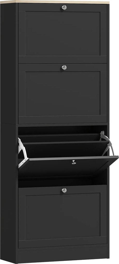 HOMCOM Dulap pentru încălțăminte 24 perechi, dulap cu 4 sertare rabatabile, etajere reglabile, 60x23,5x151cm, negru | Aosom Romania