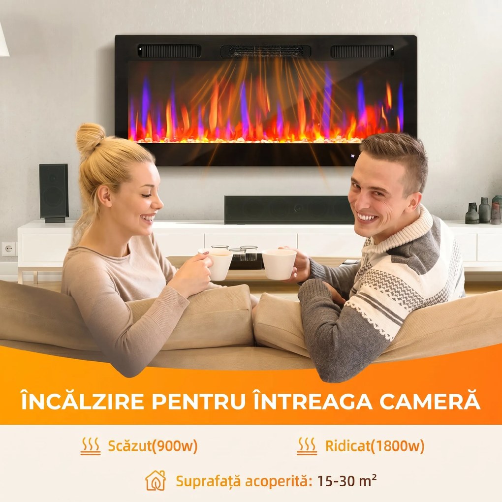 HOMCOM Șemineu Electric de Încorporat cu Flacără Independentă, 3 Moduri de Încălzire și Telecomandă, 106.7x9.4x47 cm, Negru | Aosom Romania