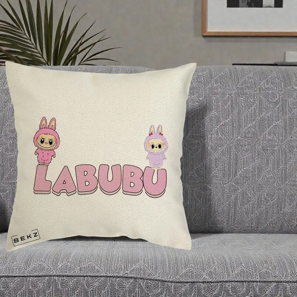 Perna Personalizata Labubu Duo Roz-Lila cu Text, 40x40 cm, Ecru, Husa Detasabila, Perna Inclusa, BEKZ®
