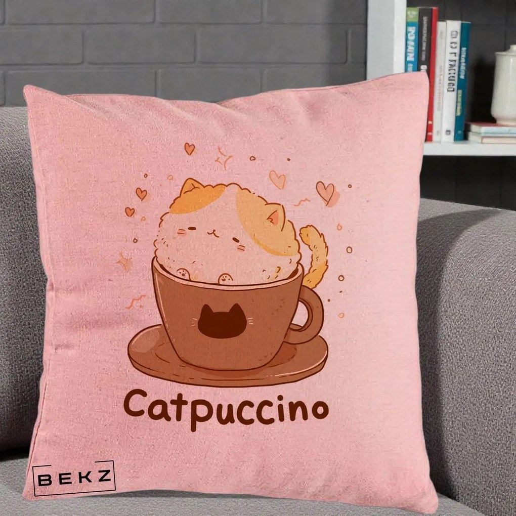 Perna Decorativa Catpuccino Pisica Cappuccino, 40x40 cm, Roz, Husa Detasabila, Perna Inclusa, BEKZ®