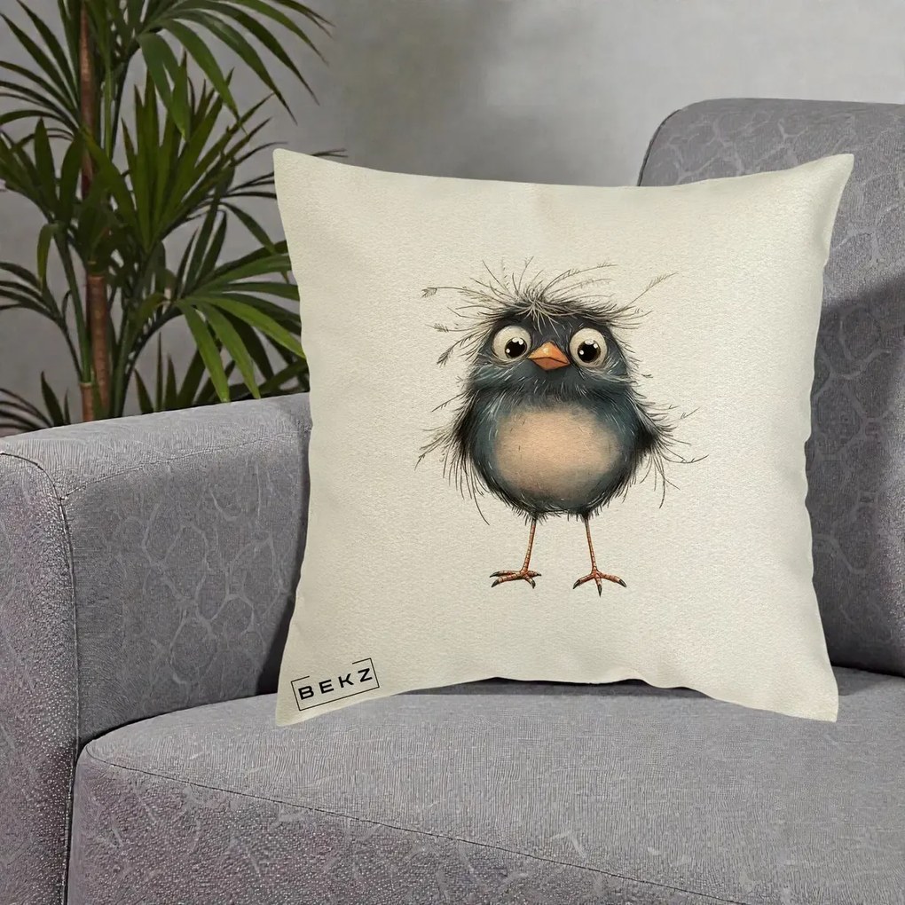 Perna Decorativa Pui Negru Zbarlit cu Pene Fine, 40x40 cm, Ecru, Husa Detasabila, Perna Inclusa, BEKZ®