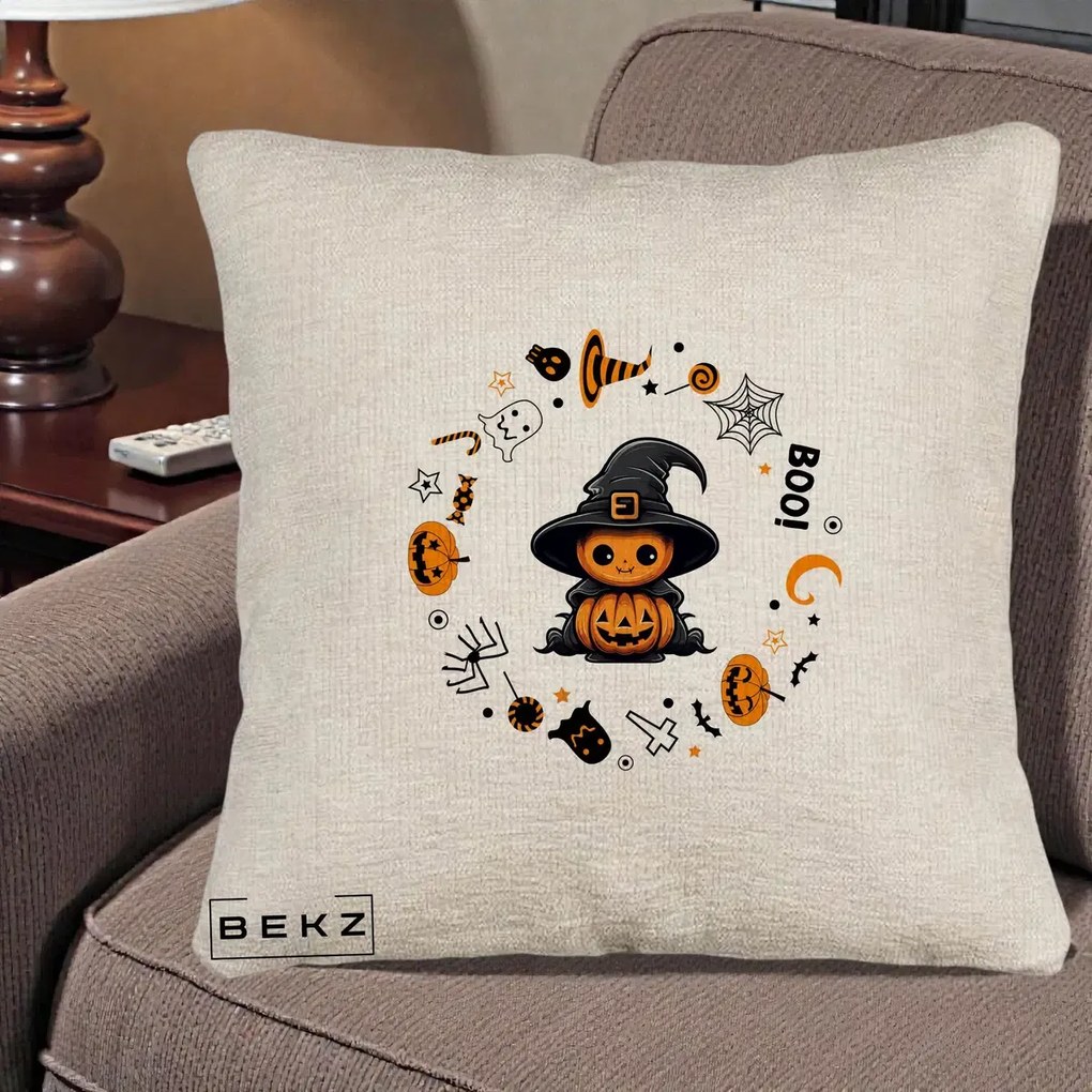 Perna Decorativa Halloween Dovleac Vrajitor Boo cu Simboluri, 40x40 cm, Bej Canapea, Husa Detasabila, Perna Inclusa, BEKZ®