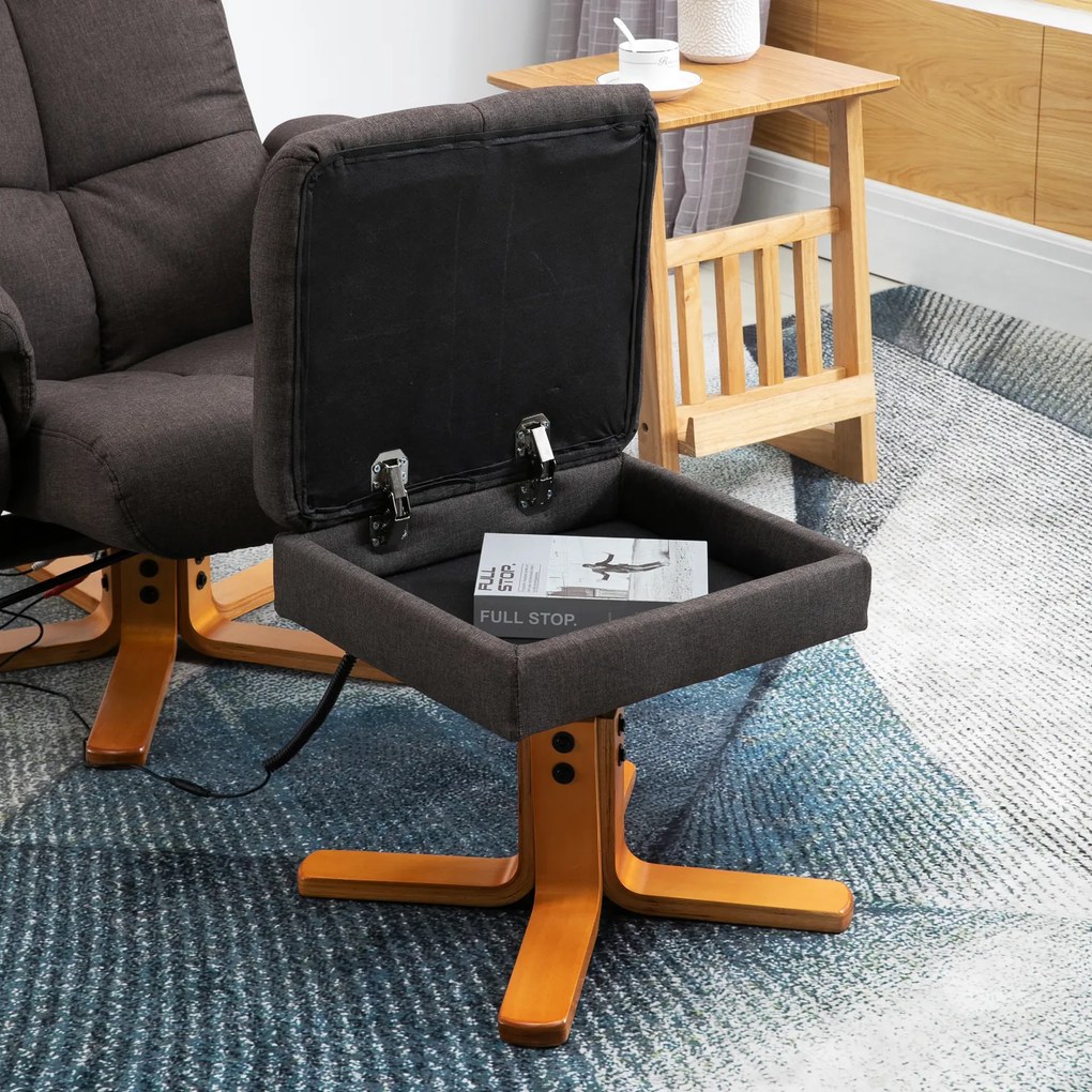 Scaun de masaj HOMCOM cu taburet, 360° rotativ, electric, cu funcție de întindere și spațiu de depozitare, scaun de relaxare pentru televizor, poliester, maro | Aosom Romania