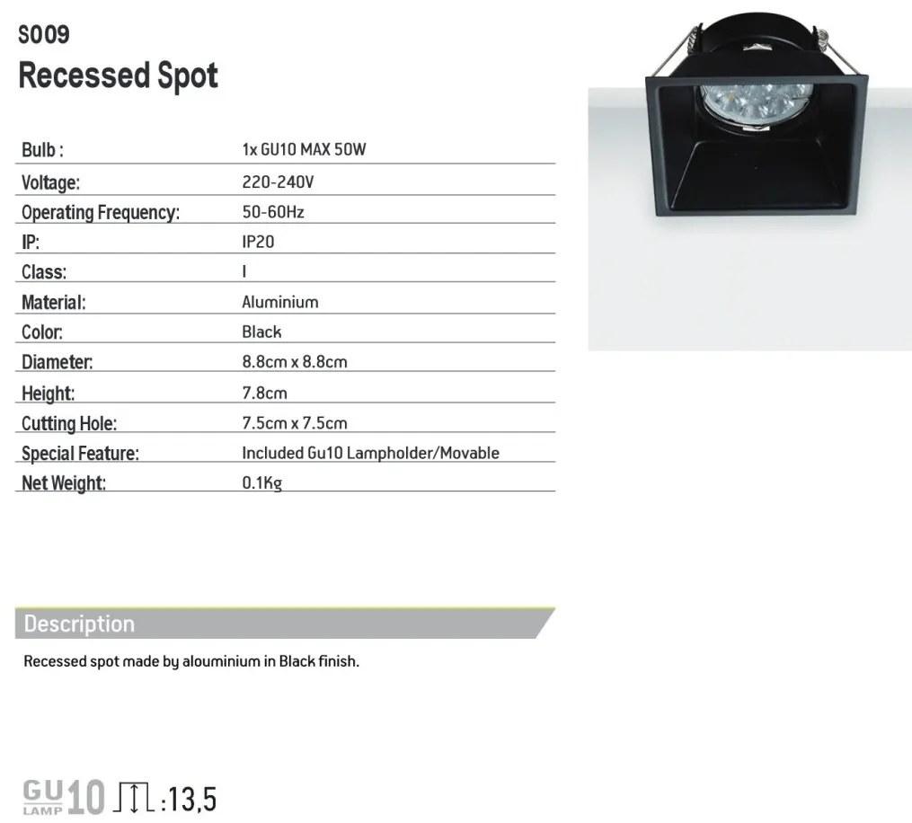 Spot incastrabil GU10 Avra negru