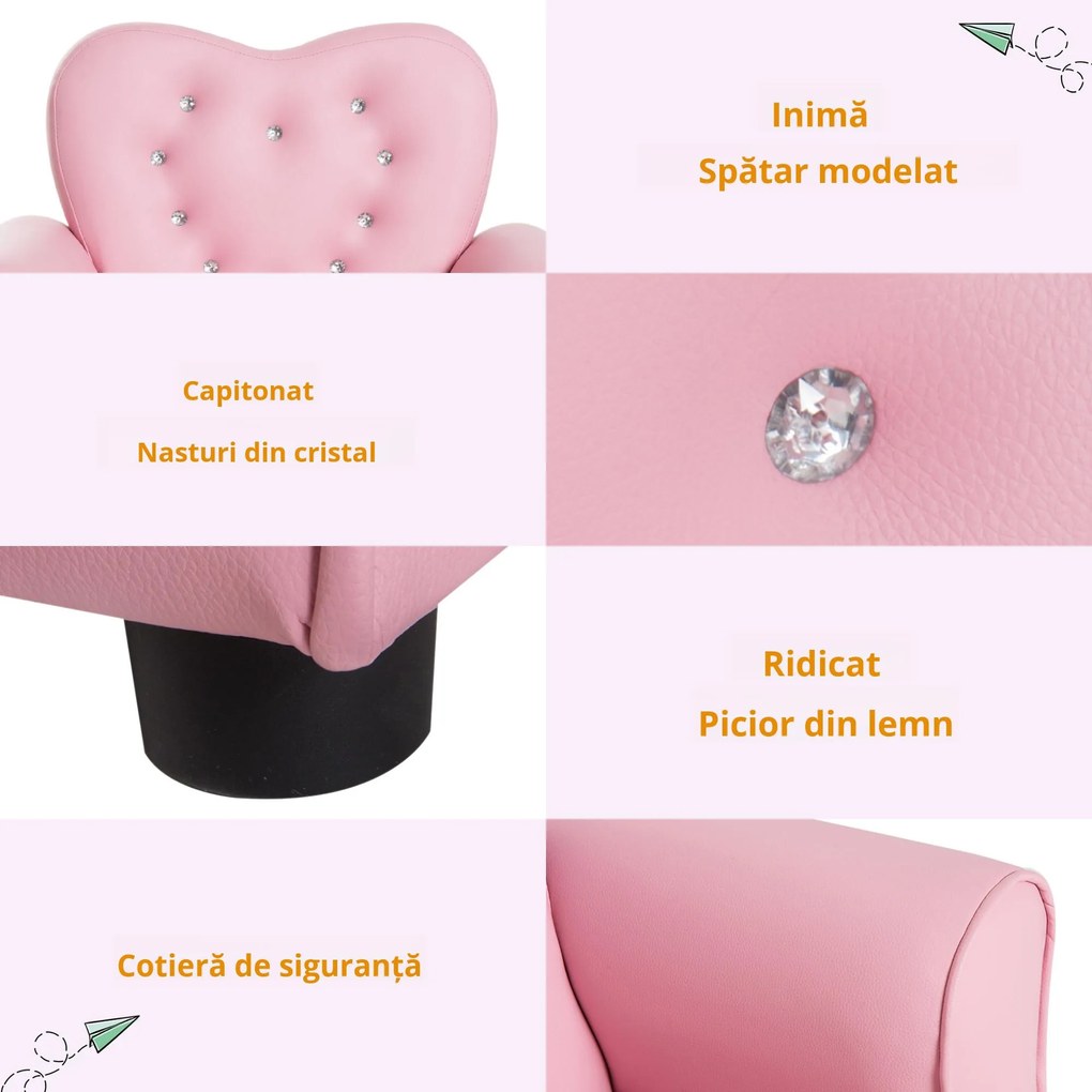 HOMCOM Fotoliu Capitonat pentru Copii, Scaun Confortabil pentru Camera Copiilor, din PVC și Lemn, 59x41,5x49 cm, Roz | Aosom Romania
