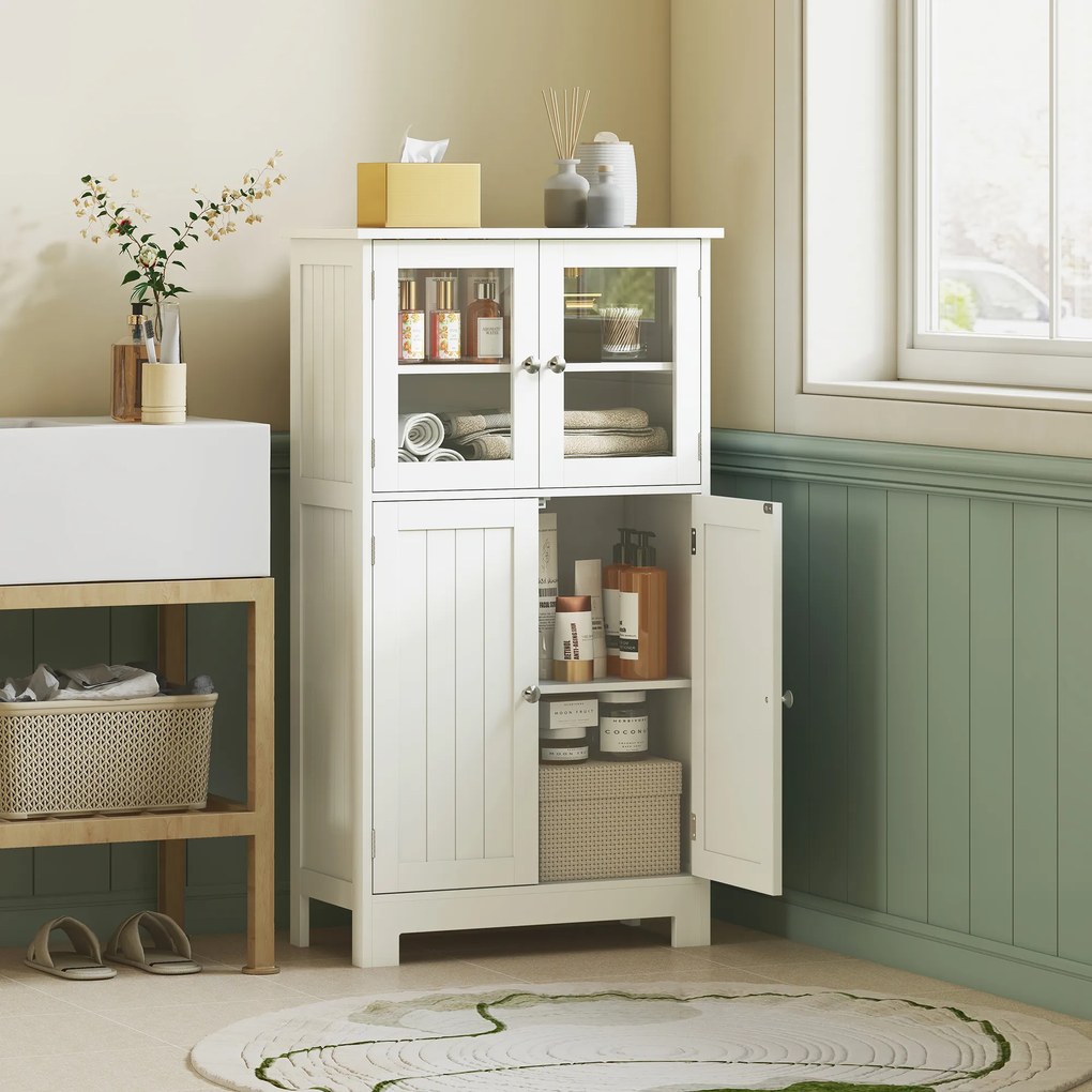 kleankin Mobile Bagno con 2 Armadietti e Ante in Vetro, Mobiletto Bagno Salvaspazio con Ripiano Regolabile, Armadietto da Terra per Sala da Pranzo, Salotto, Soggiorno, Cucina, 60x30x108.5 cm, Bianco | Aosom Romania