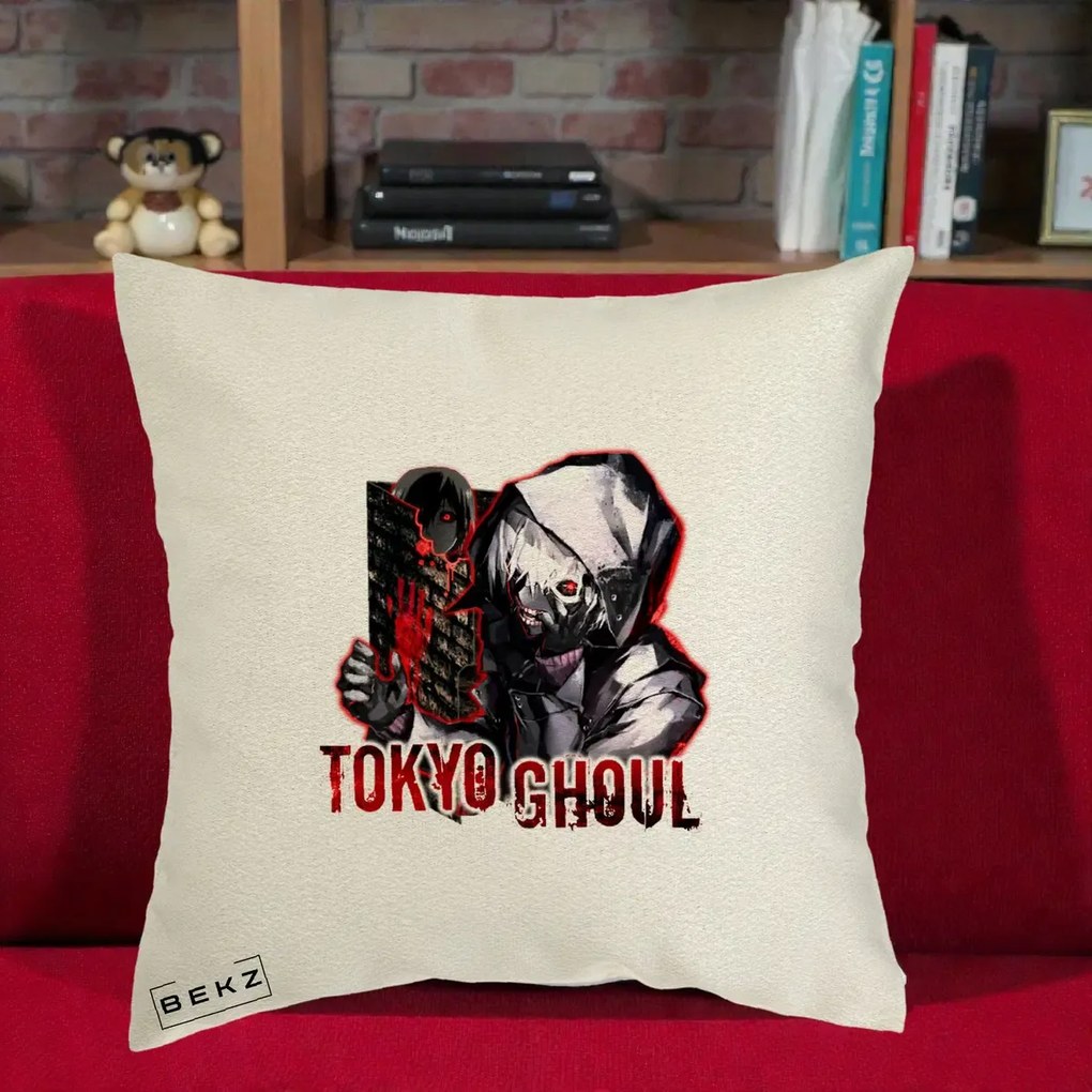 Perna Personalizata Tokyo Ghoul Ken Kaneki Anime, 40x40 cm, Ecru, Husa Detasabila, Perna Inclusa, BEKZ®