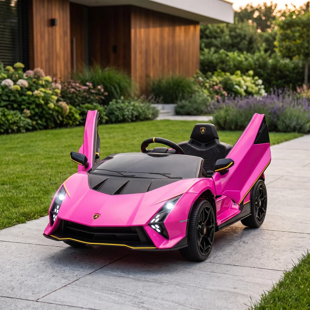 AIYAPLAY Mașină Electrică pentru Copii 3-6 Ani 12V Lamborghini Autentica, 2 Motoare, Uși Tip Foarfecă, Suspensii, Roz | Aosom Romania