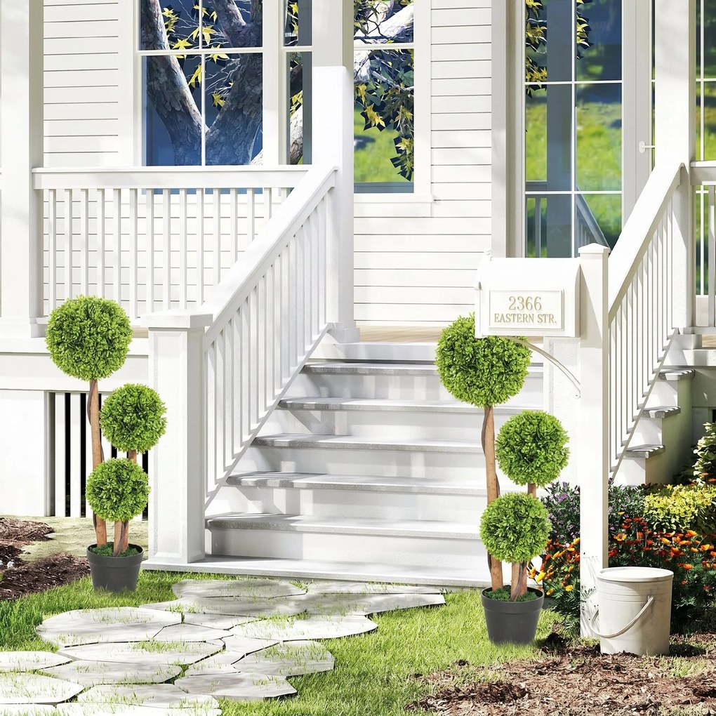 HOMCOM Set 2 Plante Artificiale de Buxus cu 3 Sfere, cu Ghiveci și Fund Întărit, Înălțime 90 cm, pentru Interior și Exterior | Aosom Romania