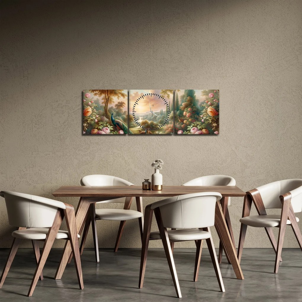 Tablou - Păuni în grădină (cu ceas) (90x30 cm)