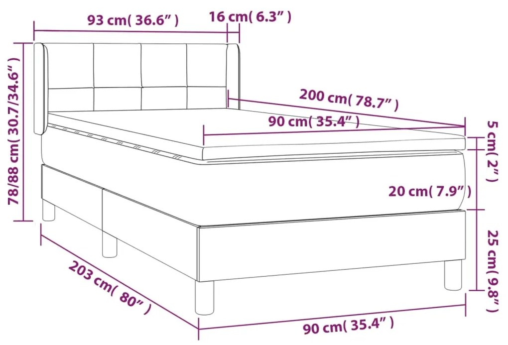 Pat box spring cu saltea, crem, 90x200 cm, textil Crem, 90 x 200 cm, Cu blocuri patrate