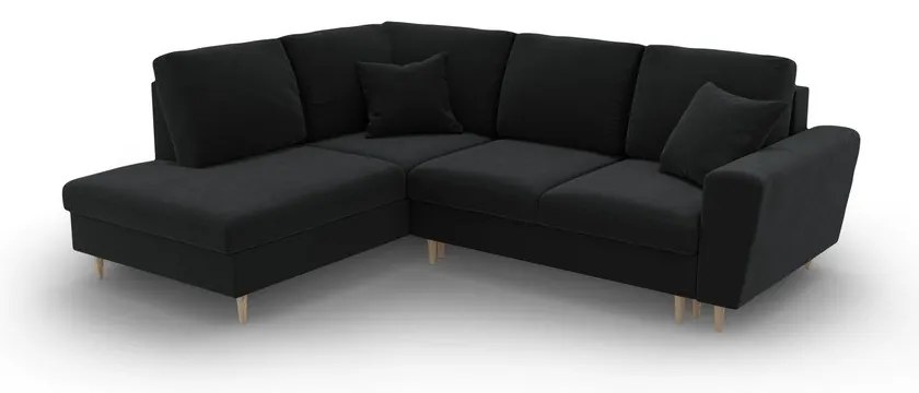 Colțar negru extensibil, cu spațiu de depozitare cu tapițerie din catifea (cu colț pe partea stângă-în formă de ”L”) Kyoto – Cosmopolitan Design