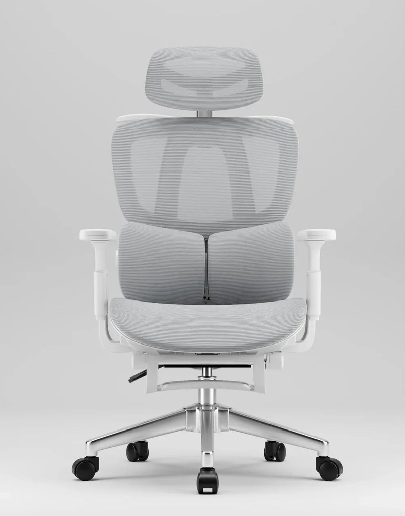 MILANO E06 Executive – Scaun Ergonomic cu Suport Lombar Reglabil în 2 Trepte, Tetieră Reglabilă, Cotiere 3D, Reclinare 135°, Umeraș Integrat, Suport pentru Picioare și Bază Metalică, Mesh, Gri
