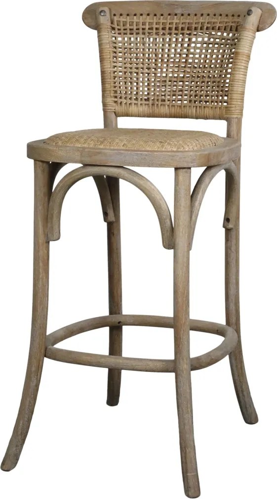 Scaun de bar cannage pentru insulă din lemn de hevea și ratan, natur, cu suport inelar pentru picioare, 92 x 40 x 45 cm, „Old French”