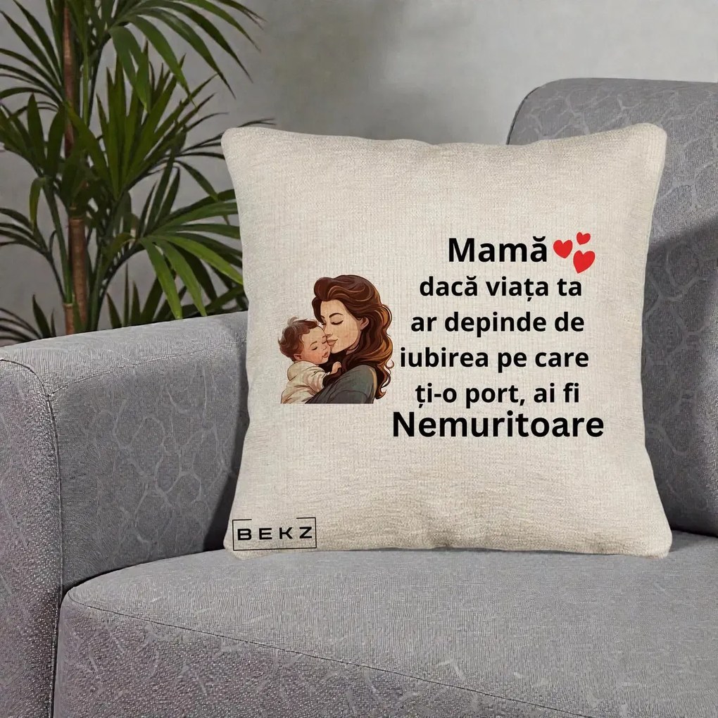 Cadou pentru Mama - Perna Personalizata Mama Nemuritoare cu Bebelus Lineart, 40x40 cm, Bej Canapea, Husa Detasabila, Perna Inclusa, BEKZ®