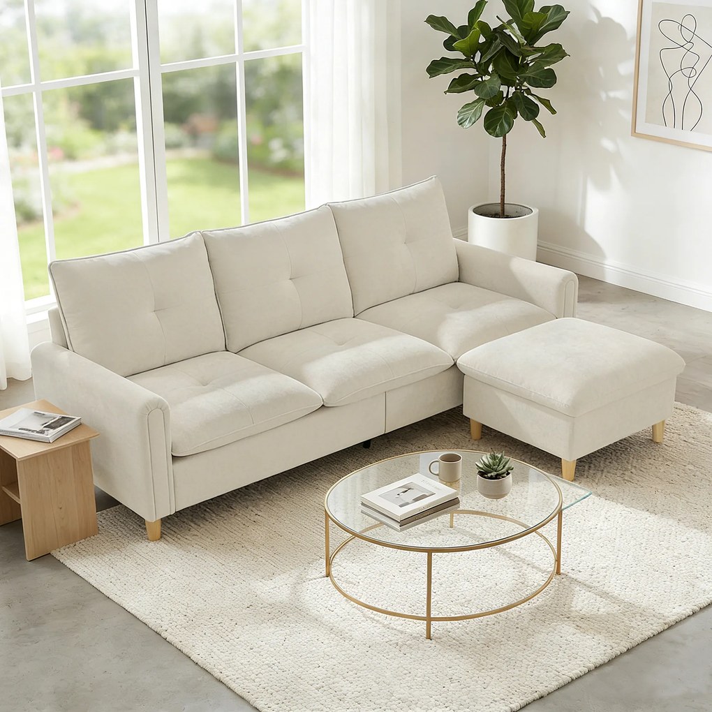 HOMCOM Canapea 3 locuri cu ottoman de depozitare, colțar modular 210 cm, șezut larg, țesătură cu aspect de in, crem | Aosom Romania