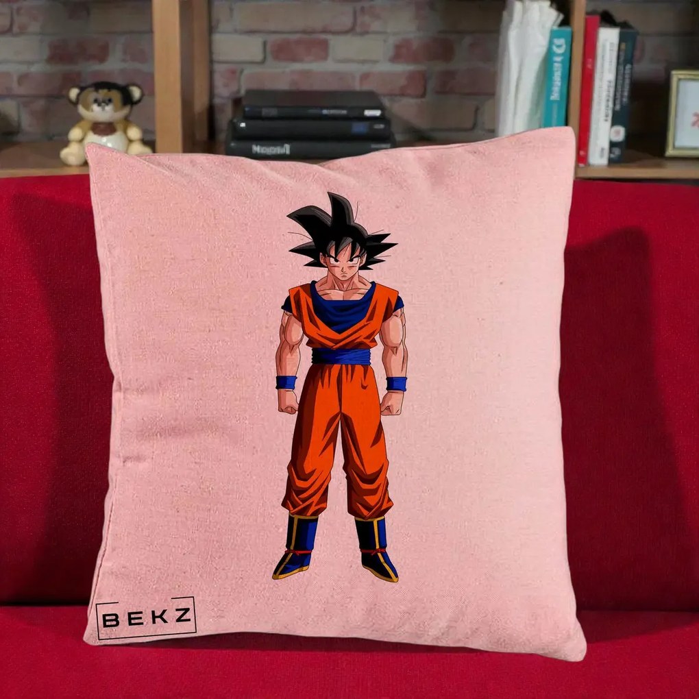 Perna Personalizata Dragon Ball Goku Complet in Gi Portocaliu, 40x40 cm, Roz, Husa Detasabila, Perna Inclusa, BEKZ®