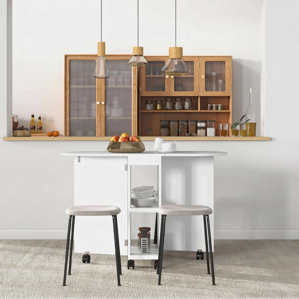HOMCOM Masă pliabilă de dining pentru 2-4 persoane, 120x60x77 cm, cu 6 roți, 2 polițe, 2 extensii rabatabile, economisește spațiu, albă | Aosom Romania