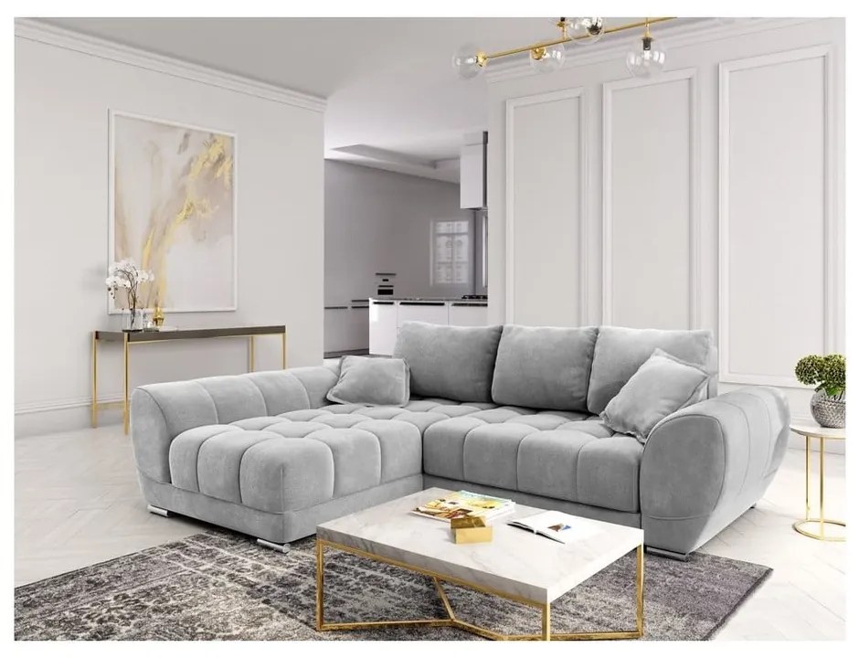 Colțar extensibil cu tapițerie de catifea și șezlong pe partea stângă Windsor &amp; Co Sofas Nuage, gri deschis