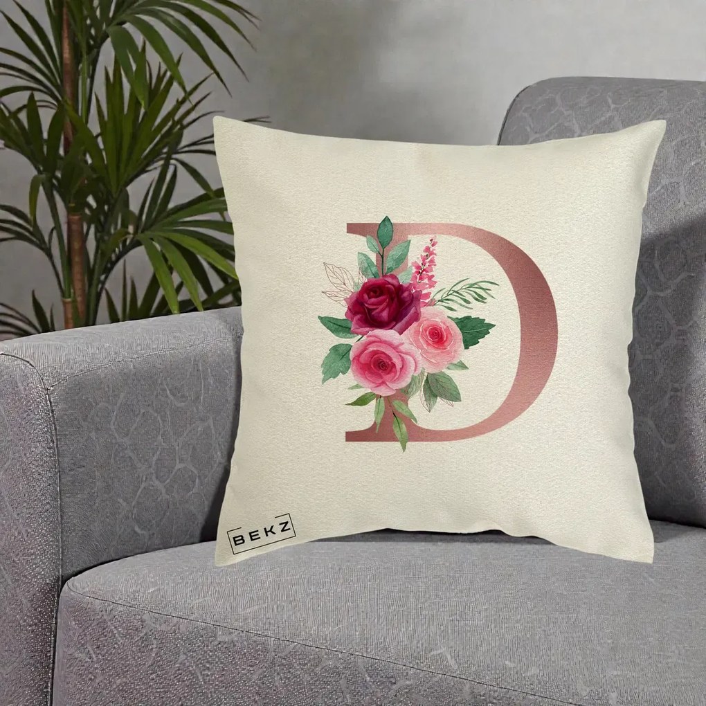 Cadou Personalizat - Perna Personalizata Monograma Rose Gold Litera D, 40x40 cm, Ecru, Husa Detasabila, Perna Inclusa, BEKZ®