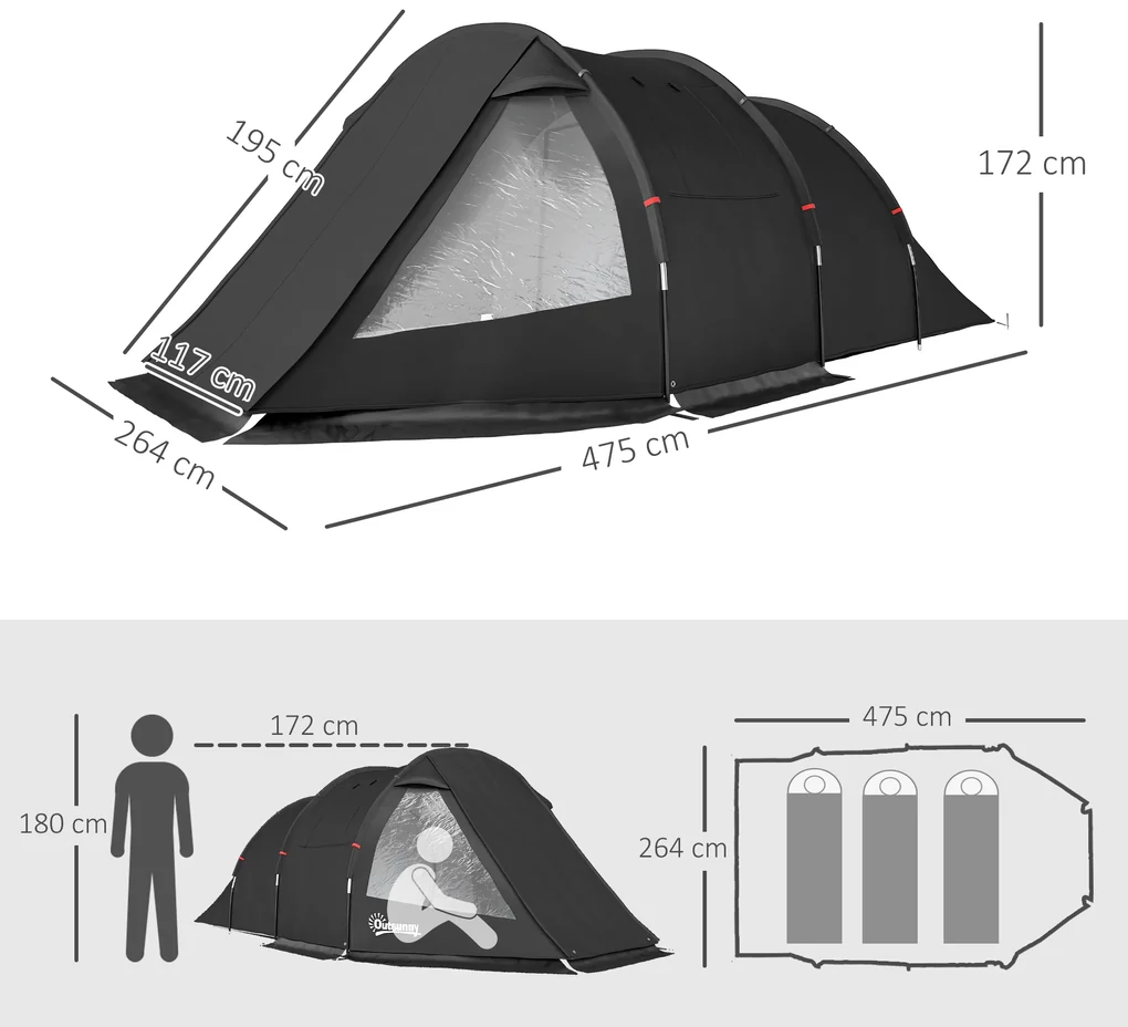 Outsunny Cort Tunel pentru 3-4 Persoane, Cort de Camping cu Doua Camere, cu Ferestre si Obloane, Geanta de Transport Portabila, pentru Pescuit, Drumetii, Sport, Festival, Negru | Aosom Romania