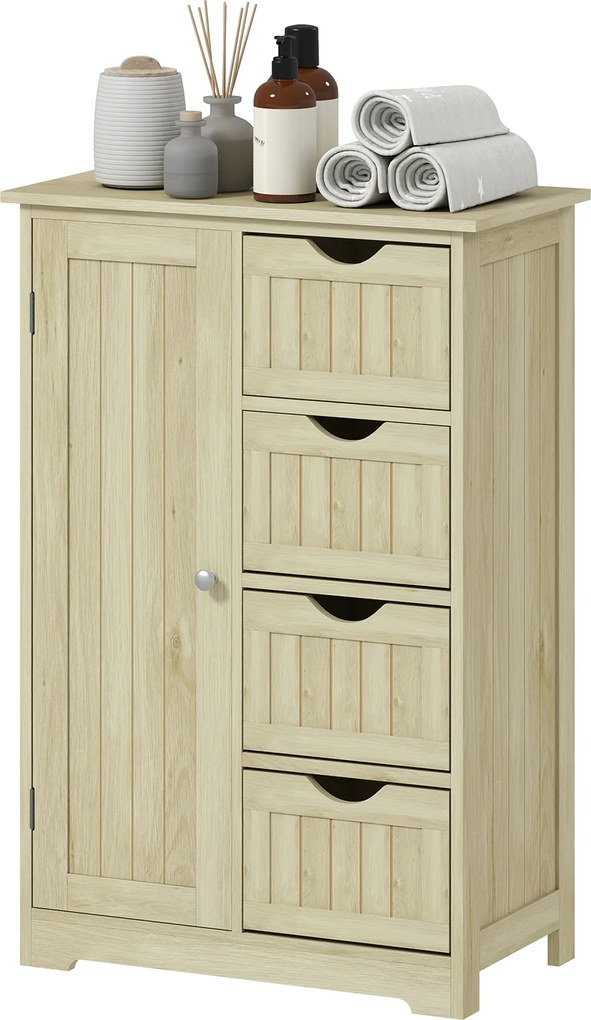 kleankin Dulap de baie Coloană îngustă cu 4 sertare și raft reglabil Stil modern 56x30x83 cm Lemn natural | Aosom Romania