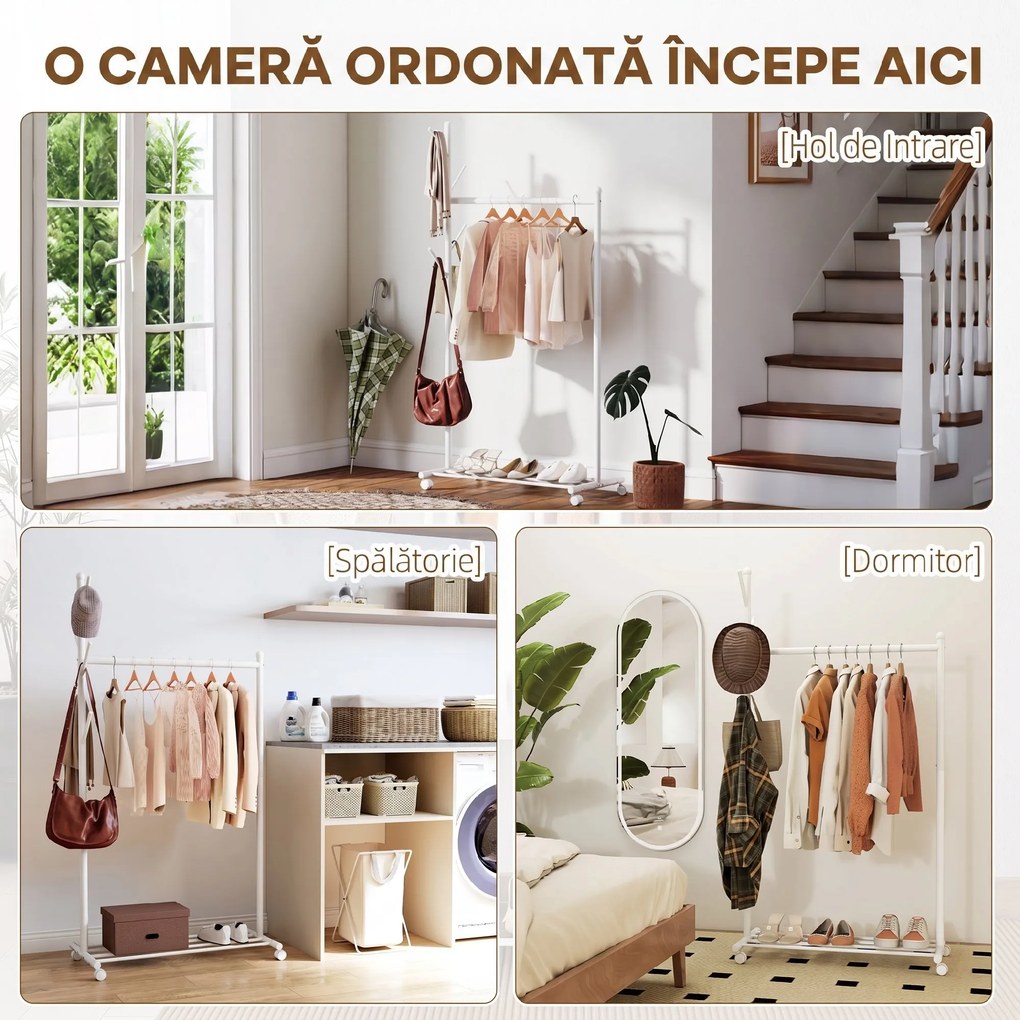 HOMCOM Cuier Mobil pe Roți, 5 Cârlige și Raft Inferior pentru Pantofi, Metalic, Capacitate 9 kg, Alb | Aosom Romania